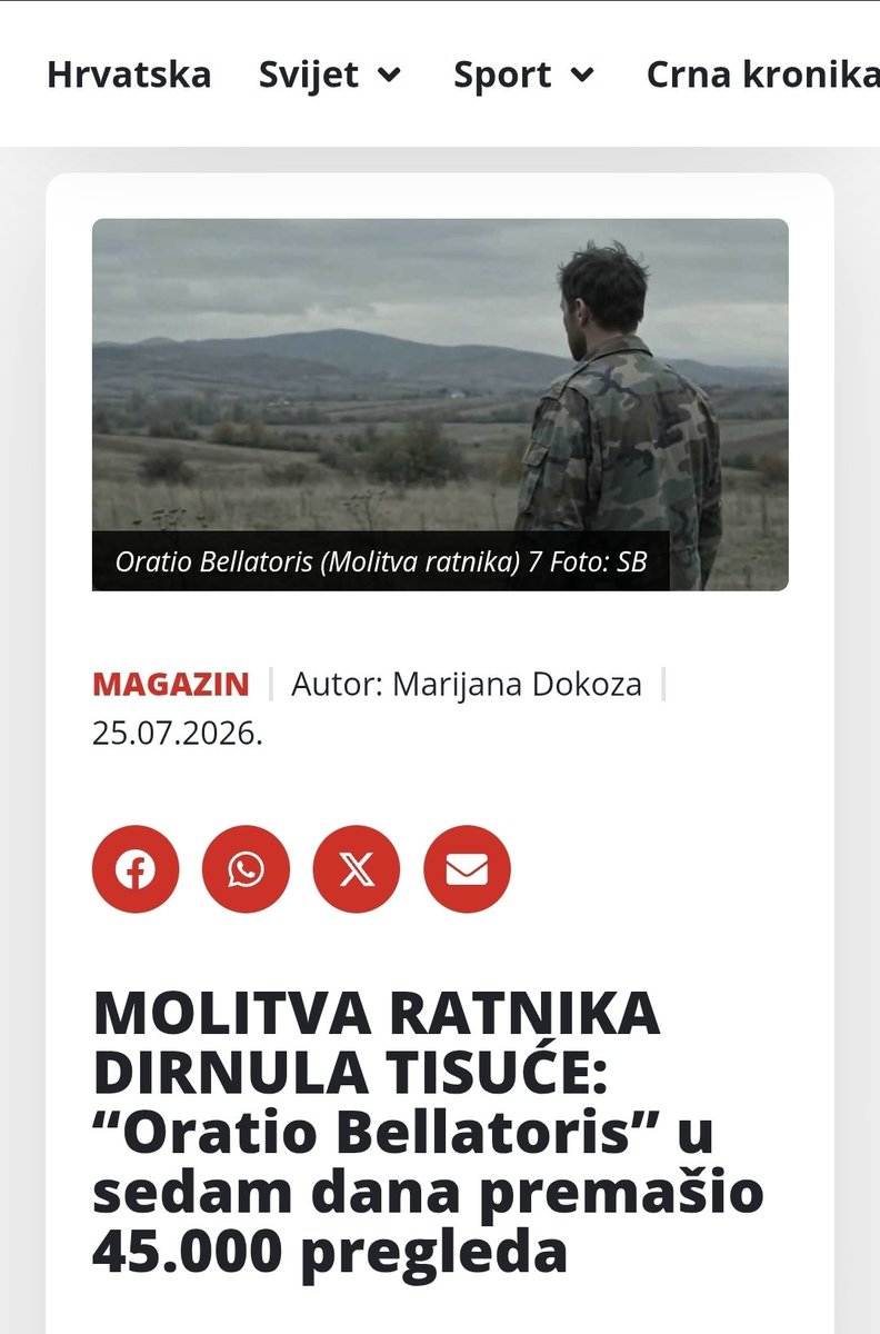 Sigma_Bellatrix's tweet photo. U samo sedam dana video je na različitim platformama premašio 45.000 pregleda.
Posebno hvala Damiru Plavšiću i stranici Bitka za Vukovar na nesebičnoj podršci, kao i portalima PDN i Fenix Magazin, koji su među prvima predstavili projekt.
#SigmaBellatrix #OratioBellatoris https://t.co/uLV9txoTw5
