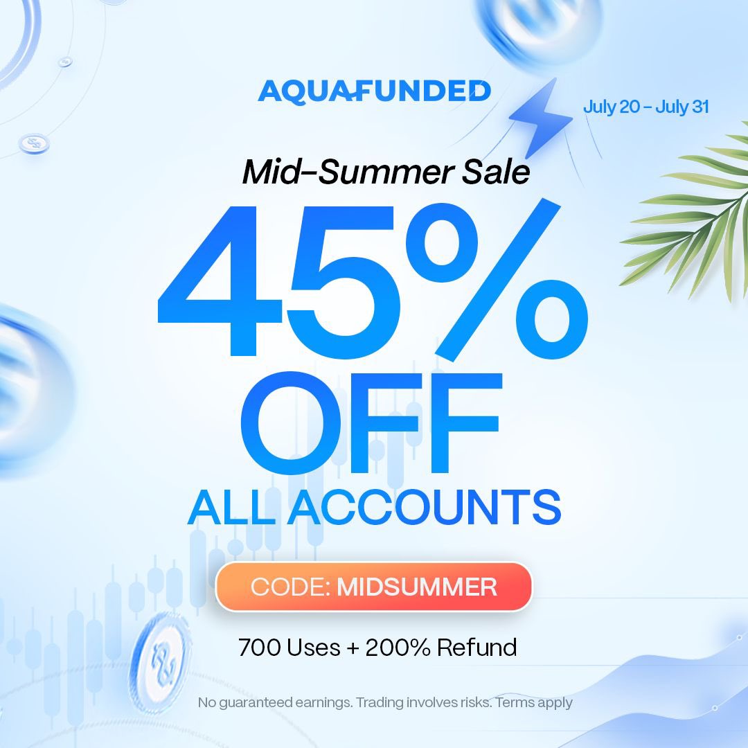 prosper_xau's tweet photo. Use code : “MIDSUMMER” 
https://t.co/ujo7UxMPJ7

And Take advantage of this exceptional 45% OFF offer from @aquafunded trade with confidence , & with smooth experience.

🌊Secure 45% OFF on all accounts.

🌊100% Profit Split & On-Demand Payouts available.

🌊 200% Refund – Get up to 200% of your challenge fee refunded.