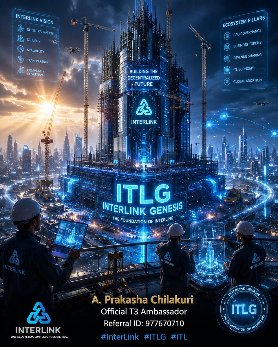 a_aprakasha's tweet photo. ITLG – The Foundation of InterLink
Prompt: A massive futuristic skyscraper under construction with a glowing blockchain foundation engraved "ITLG – InterLink Genesis", 
A. Prakasha Chilakuri
Official T3 Ambassador
Referral ID: 977670710
#InterLink #ITLG #ITL https://t.co/xfh0jtH7H0