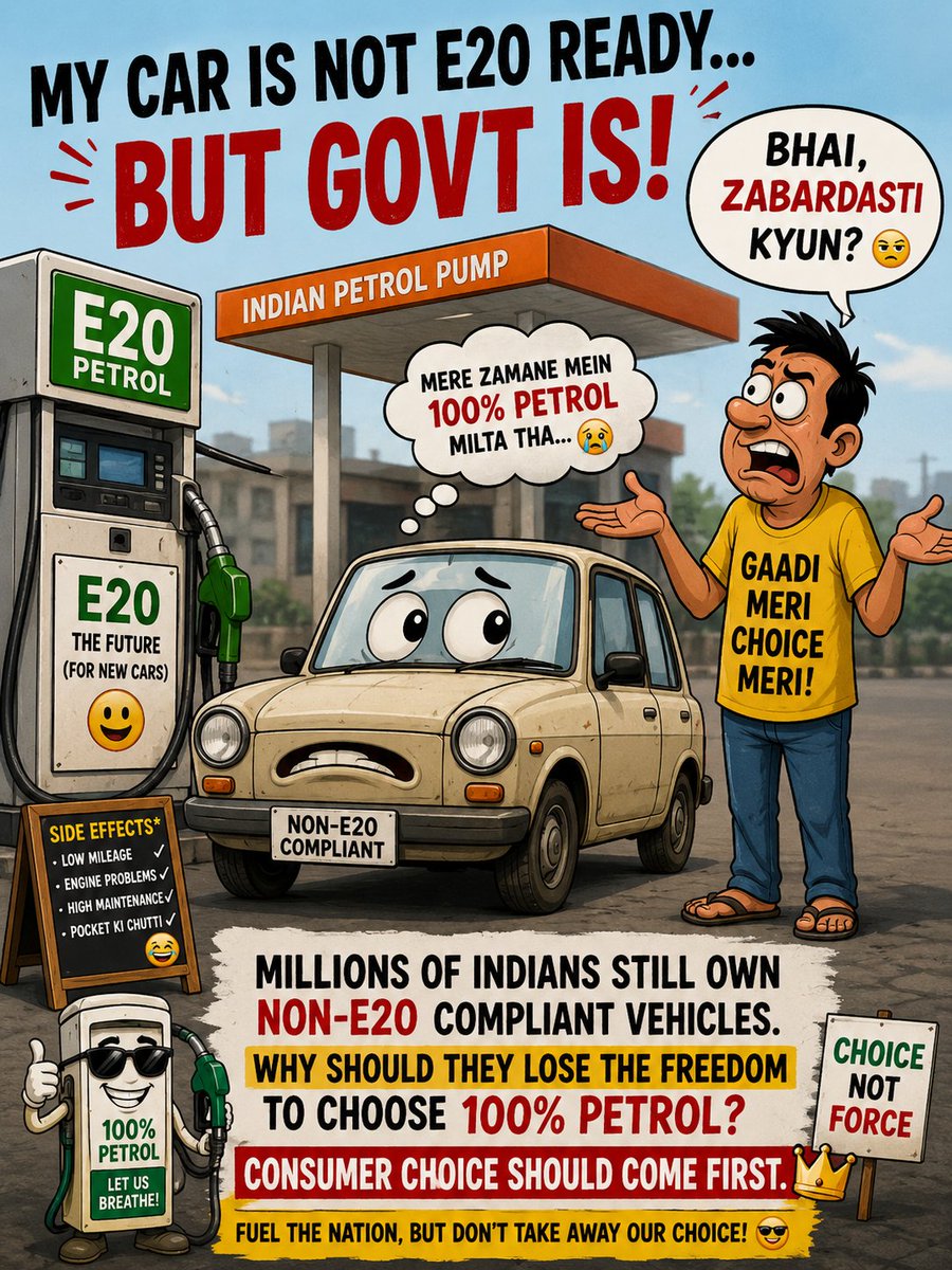 vikasdash's tweet photo. @E20Party Millions of Indians still own non-E20 compliant vehicles. Why should they lose the freedom to choose 100% petrol? Consumer choice should come first. https://t.co/2m4gcqnF86