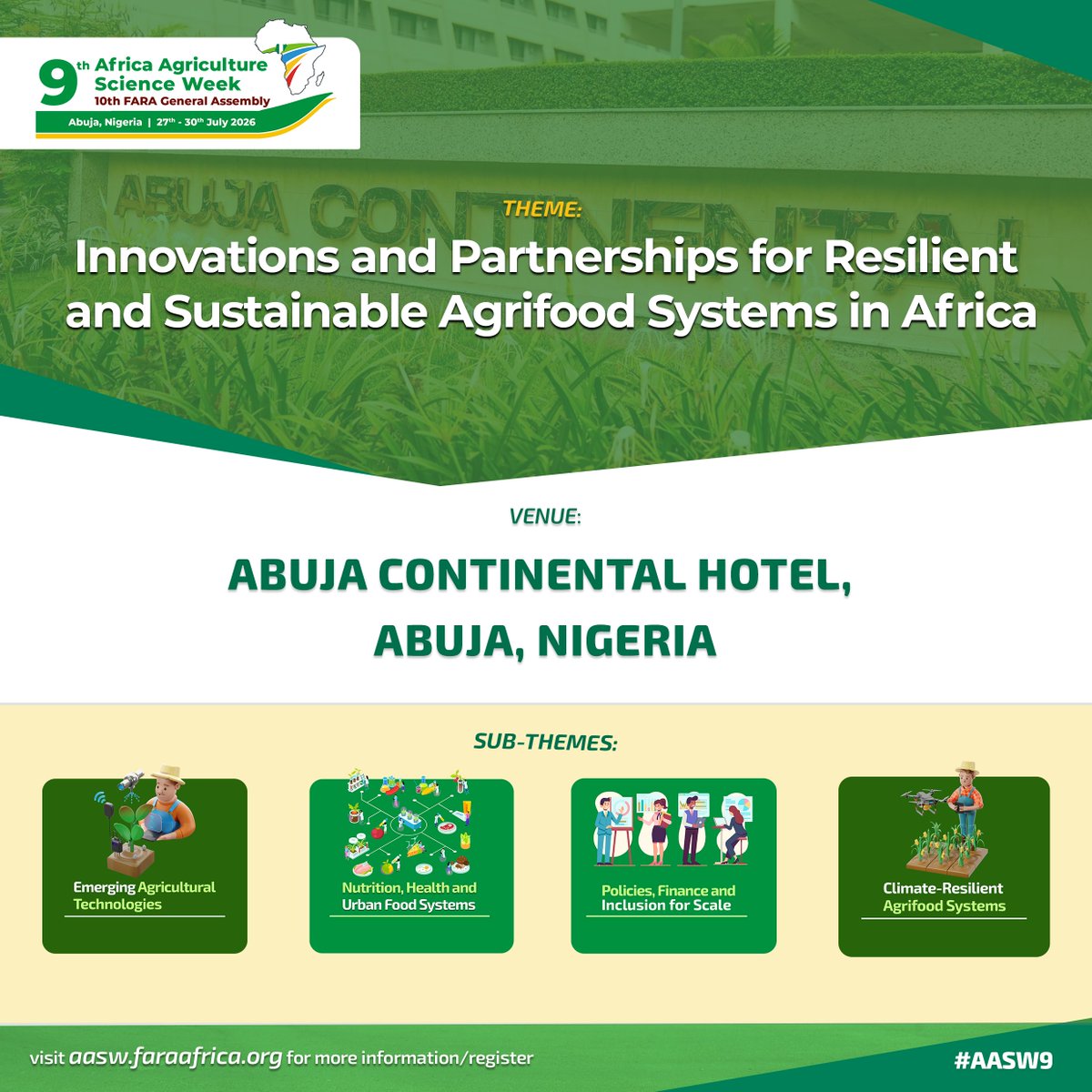FARAinfo's tweet photo. Tomorrow, Africa comes together!
Tomorrow, partnerships begin!
Tomorrow, innovations become action!

Abuja is ready! Africa is ready! Are you??

See you at the #AASW9

🔗 https://t.co/jxQusP7g09

#FARA #AgricultureScienceWeek #AgrifoodSystems #AgricultureInnovation https://t.co/cdW3Qd99yx