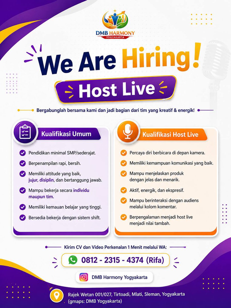 jogjalowker's tweet photo. Loker Jogja terbaru hari ini dari DMB Harmony Yogyakarta :

Host Live

Selengkapnya di : https://t.co/ip8S3cdvXe

⚠️ Rekrutmen gratis tanpa biaya apapun. https://t.co/QH5Andi3oL