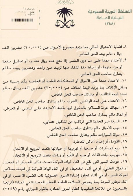 qm1020's tweet photo. #مهم 
✅#قرار النائب العام رقم (1) وتاريخ 1/1/1442 بشأن تحديد #الجرائم الكبيرة الموجبة #للتوقيف
✅القرار #الإلحاقي باعتبار مادة #الشبو بجميع أوصافها من الجرائم الموجبة للتوقيف.👇
#احفظها عندك قد #تحتاجها https://t.co/PTJxuQnxtC