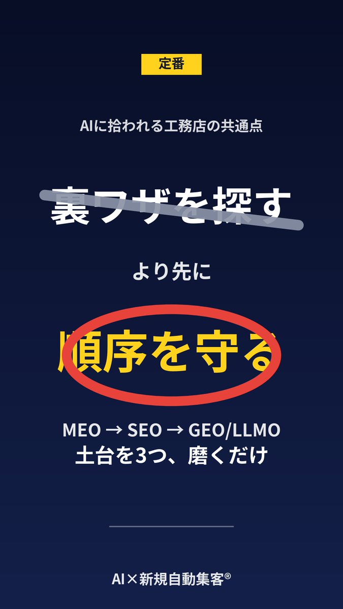 hello_ai_maria's tweet photo. 🔱AI対策、実はやることは3つしかありません。今夜は、それだけ話します。
工務店や士業の先生方、
「AIに対応しないと若い競合に見せ方で負ける・・」
と焦っていませんか。

　🤫相見積もりで価格だけ比較される、
　😨紹介が途切れると次が見えない、
　😣ホームページはあるのに問い合わせない

——そんな波のある状態に、
今日の話は地味に効いてきます。

あえて逆を言いますね。

「AI検索対策には特別な技術が必要」
というよくある助言、半分は嘘です。

SEOで評価の高いページは、
そのままAIにも引用されやすい流れが今年はっきり出てきました。

ただ、ホームページリニューアルの前に
土台を考えてほしい。

新しい魔法を覚える必要はなく、

今ある土台を磨くほうが近道です。

🔧【事例　税理士の先生　弊社でリニューアル伴走
：問い合わせ経由の「他と比較せず決めた」率 10%→89%】

まして　AIに推薦されたからは強いです!!

今日は　ご自身でもできる磨き方👍

土台の磨き方は3つです。

1️⃣ Googleビジネスプロフィールの「サービス」欄を、

工事・案件ごとに具体的な文章で埋める。
「外壁塗装」だけでなく
「築20年木造住宅の外壁塗装、施工事例◯件」まで書き切る。
項目名だけの登録はAIにとって空欄と同じ扱いです

士業の弁護士さん　税理士さん　でも
売りたい得意ジャンルを、しっかり描き切る。
サービスジャンルなので　いくつか書けます。
5つくらいにはぼるのが望ましい

2️⃣ どうお客様に喜んで頂けたのか
施工実績・事例ページに、
　before→after
　の写真と数字を必ずセットで載せる。
写真だけ、数字だけの状態はAIに拾われにくく、比較検討している読み手にも刺さりません

士業やコンサルの場合には
機密保持もあり、なかなか事例をかけませんが
　〇○市　〇○のご相談のケース
 　　　着眼点　解決後のお客様のアンケート
　　　(名前なしで　画像でアンケートが使えるといいですね)

3️⃣ クチコミ
口コミへの返信は、工事や相談の内容に一言触れて書く。
クチコミ、ご自身の編集できますからね。

私達は、自動返信のパターンを沢山システムに入れ
AI自動返信をしていますが

後ほど、クライアント営業さんからの報告も
混ぜて、現場の声をいれ少し編集しています。

NG例:「ご利用ありがとうございました」だけで終わる返信。
これはAIにもお客様にも、何も伝わっていません。

🌸花びらは下から開きます。

GBP/MEOが土台、SEOがその上、
AIに紹介される/LLMO現場で回り始める
は、
さらにその上に咲く一枚です。

SNSは　建築・士業の場合
　その上の方にあるちいさな花びらです
時間と手間がかかります💦

土台を飛ばして一番上だけ磨いても、
風が吹けば落ちてしまいます。
規模に関係なく、この原理は大企業もあなたの会社も同じです。

これは外注して誰かに丸ごと任せる話ではありません。
　もちろん丸ごと代行もしていますが
　一度　経営者の方には
　いじってほしい。

自分の会社の情報を、
自分の言葉で正確に置いていく作業です。

無料でできることです。
そしてそれは　枝葉の技術ではない。
根幹です。

じぶん進化とは、この地味な積み重ねを自分の手に取り戻すこと。

派手なテクニックに飛びつく前に、
今ある情報を今日中に一つ直してみてください。

📌保存して、月に一度この3つだけ見直してみてください。

❓あなたの会社のGBP、
「サービス」欄は工事内容まで具体的に書けていますか？

~~~こぼれ話~~~~
Googleも公式でいってますが
　いろいろな業者が　
SEO不要論　
をセールストークで使いますが
　必要です!!

ある事例を紹介します

　実際に私達はホームページ制作後
🧑‍🦰　広告打ちたい
というお客様にお話しし
　(大体うちは小さな会社に初めから広告は打たせない)

広告でなく　二年MEOとLP＋動画upをして
集客＝売上アップを手伝いました。

かなりしっかりSEO/SEOライティング
セールスレターも作ったので
人数的に　ある程度の売上達成したため
MEOを三年目はずしました。
あまり売り上げ増えても、
対応しきれない労務提供型だったからです。
そして、AIでは対応できない
人の手の業務でした。

私もクライアントも
最初にしっかり作ったSEOがどれだけ効くのか
Google上位と問合せ頻度かどれだけ落ちるのか
観察してみました。

うちの　動員＋クチコミ戦略室システム連動
とは　問い合わせの数は落ちますが

圧倒的に強い!!

強すぎて
上位に残ったままです。

ほぼ、サーバー管理費用だけで
〇千万　売り上げたら
それは・・・もう資産です。
SNSもしてないので・・・

SEOって・・・・一番　安上がりじゃないだろうか・・
　というか　基本なんだなと
シミジミ感じています。

　逆に　
私達がホームページのSEOを仕込んでいない
他社様の安価ページや
戦略設計の無いホームページでは
MEOも苦戦します。

これは苦しい
気の毒なくらい・・

もちろん飲食店や薬局など
もう単純に近くにあるから行きたい
という業種の方には
低価格でページも作りますが

もともと　問合せや売上がたたない
ホームページが元では
苦戦します。

そんな方は　補助金使ってでも
リニューアルを進めます。
一年に1,  2件も　売上をたてない
ホームページは
構築しなおしましょう。

　ご相談はプロフィールから
お気軽に。