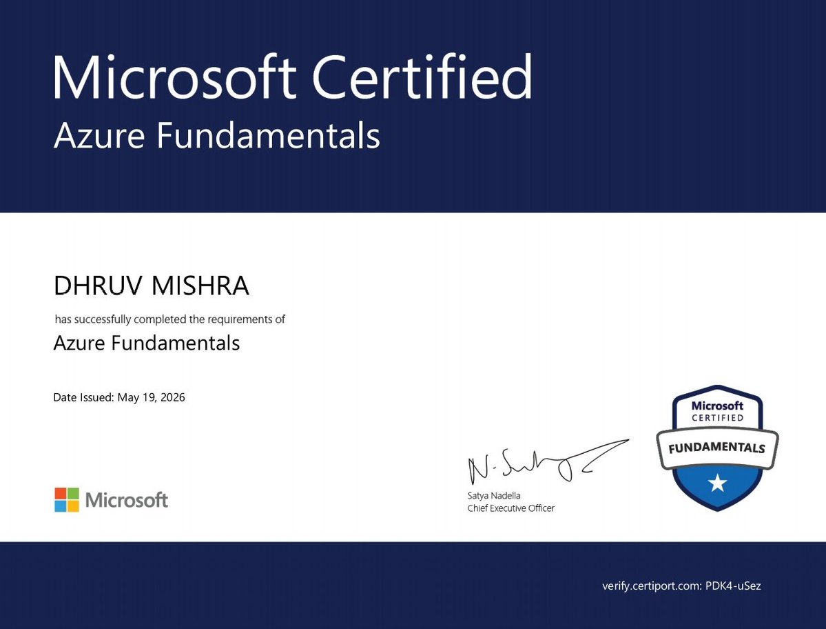 dhruvmishrax's tweet photo. Just completed my Microsoft Certified: Azure Fundamentals certification! ☁️
Learned about: 
• Cloud computing fundamentals
• Microsoft Azure services and concepts
• Cloud security, compliance, and pricing

Verify: https://t.co/ytbJph4Nae
#MicrosoftAzure 
#Azure https://t.co/Mh4WNuWLHI