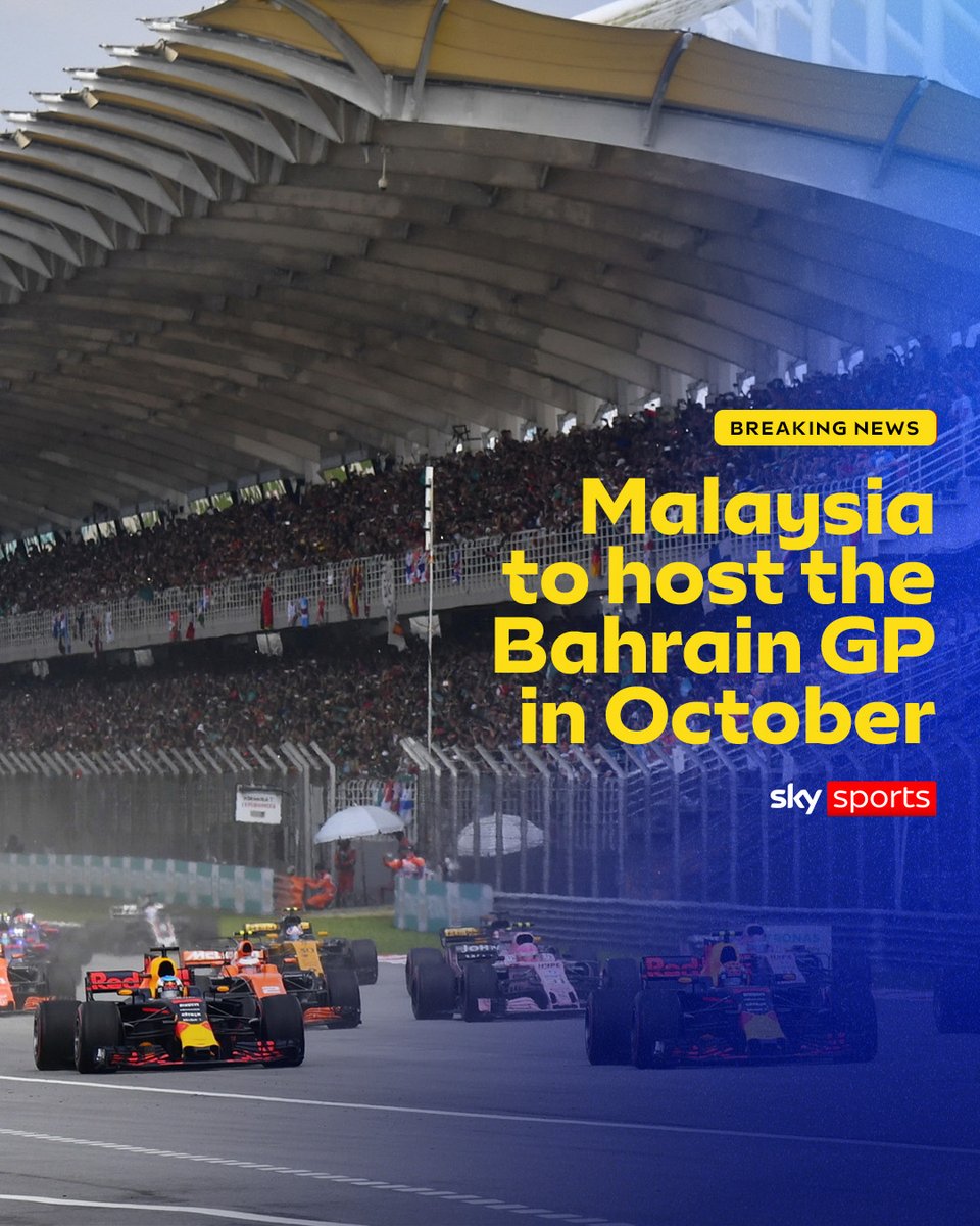 SkySportsF1's tweet photo. BREAKING: Formula 1 has added Malaysia to its 2026 schedule as the host of the Bahrain Grand Prix that was postponed earlier in the season.

The event, which will see Malaysia host a race for the first time since 2017, is scheduled to take place from October 2-4. https://t.co/6iyGbTsqfU