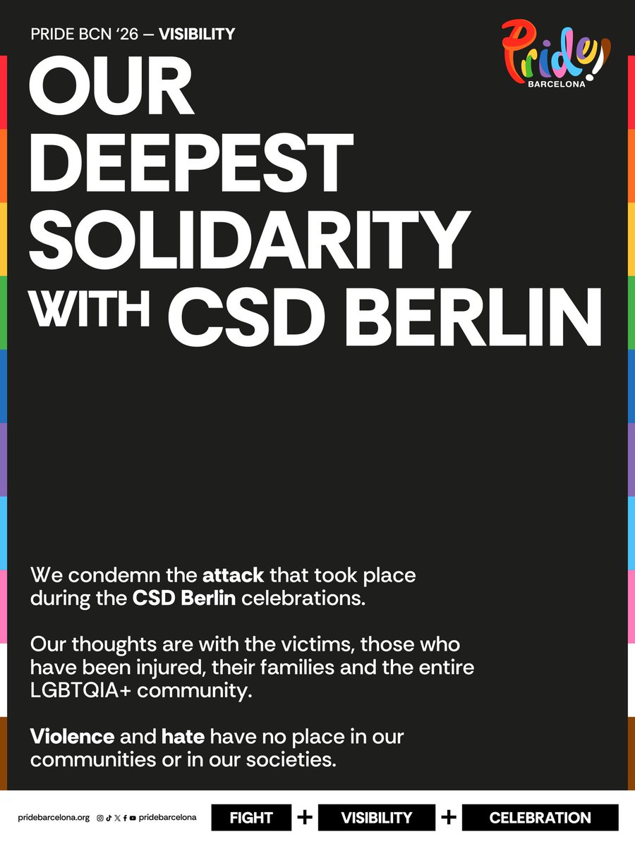 PrideBarcelona's tweet photo. Davant dels fets ocorreguts durant la celebració del #CSDBerlin, expressem tota la nostra solidaritat amb les víctimes, les persones ferides, les seves famílies i tota la comunitat LGBTQIA+.

L’odi no silenciarà mai l’orgull🏳️‍🌈🏳️‍⚧️ https://t.co/sG3Q4MSI0w