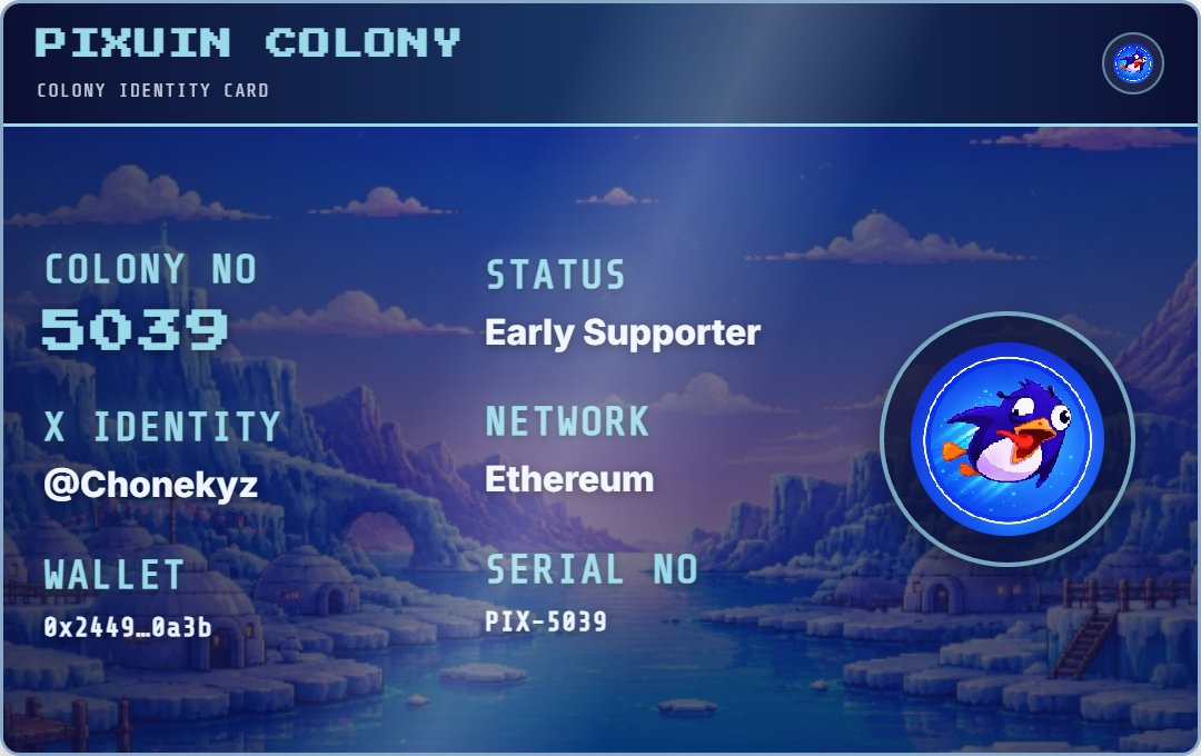 Chonekyz's tweet photo. I'm officially a member of the Pixuin Colony.

Don't forget to claim your WL: https://t.co/V56QcDApbK

@pixuinlab https://t.co/coH7FTQIj9