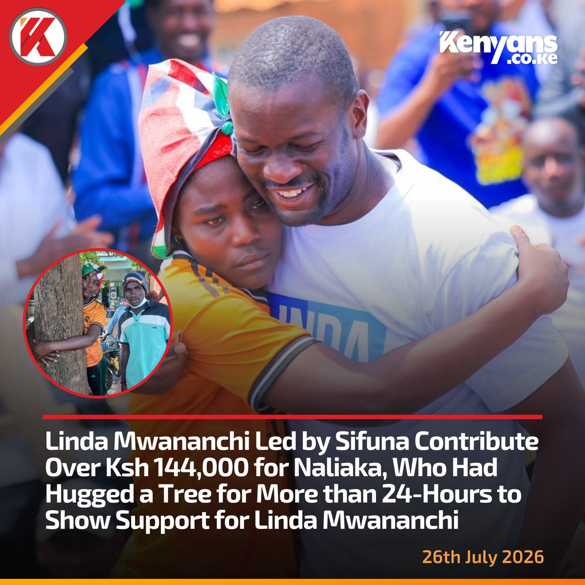 Kenyans's tweet photo. Linda Mwananchi led by Sifuna contribute over Ksh144,000 for Naliaka, who had hugged a tree for more than 24-hours to show support for Linda Mwananchi https://t.co/mSctHCFmhI