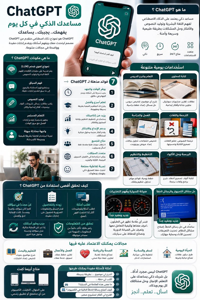 AlObaiyed's tweet photo. ماهو chat Gpt وكيف أستفيد منه ، انفوجرافيك يشرح لك ذلك باختصار (تم عمله ب��اسطة chat Gpt) https://t.co/d8vganOfl0