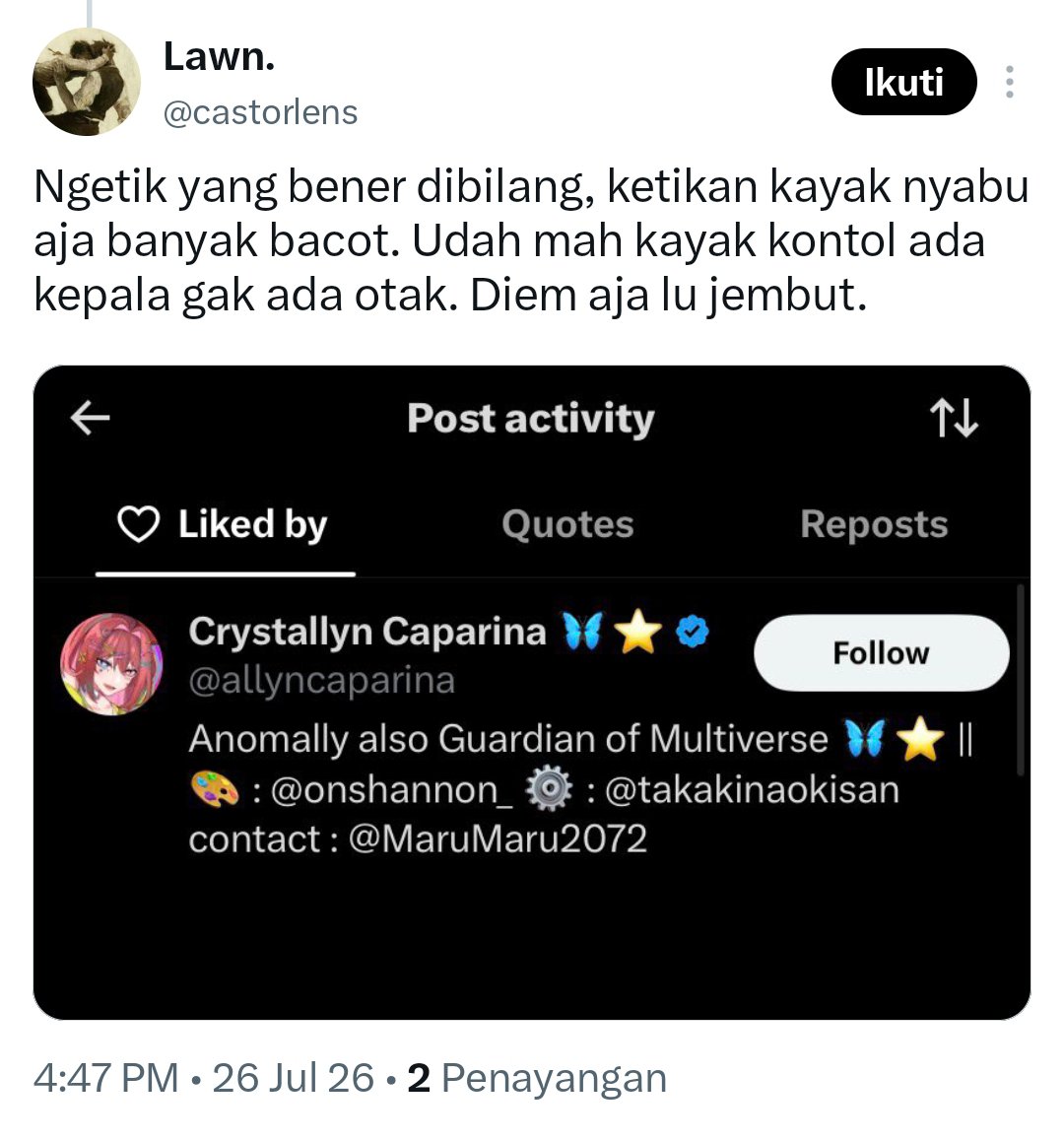 MinoMinorint's tweet photo. Woy mana nih @castorlens typingan gue udah rapi nih. Mana sini bisa gak lu pake argumen lain selain kritik typingan gue?

Wkwk kalah adu argumen langsung pindahin topik. Keliatan banget tuh
b e r p e n d i d i k a n   r e n d a h nya https://t.co/Esary2BJnM