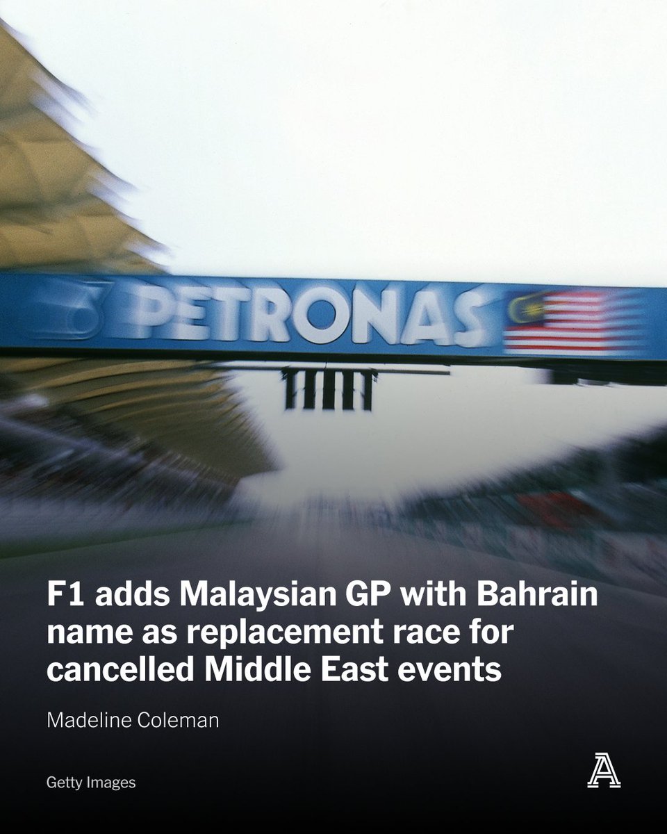 TheAthletic's tweet photo. The Malaysian Grand Prix will be added to the 2026 calendar, Formula 1 announced on Sunday.

It will be officially titled the “Formula 1 Gulf Air Bahrain Grand Prix in Malaysia”.

But it is not certain to go ahead given the ongoing Middle East conflict.

More from @mwc13_3 

🔗 https://t.co/AtD5TYUA1q