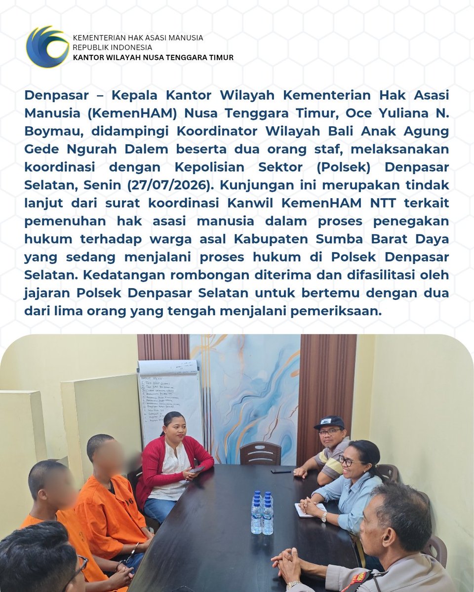 kemenhamntt's tweet photo. Kakanwil KemenHAM NTT Lakukan Koordinasi dengan Polsek Denpasar Selatan, Dalami Faktor Sosial di Balik Kasus Hukum Warga Asal Sumba
Selengkapnya:
https://t.co/B77P2mhmRL https://t.co/Xex89HM3yX