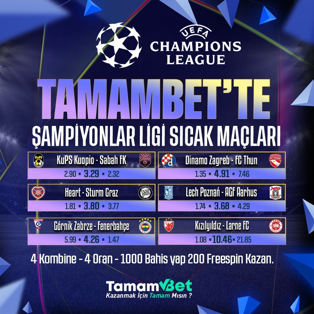 TamamSocialX's tweet photo. 🏆 **Şampiyonlar Ligi'nin sıcak maçları TamamBet'te!**

⚽️ Haftalık öne çıkan karşılaşmalarına avantajlı oranlarla bahis yap.

🎁 **1.000₺ ve üzeri 4'lü kombinene 200 Freespin fırsatını yakala!**

🔥 Şimdi giriş yap, kazanmaya başla!

Tamambet Giriş: https://t.co/7FYPXUFSVr https://t.co/QHndtqcOoR