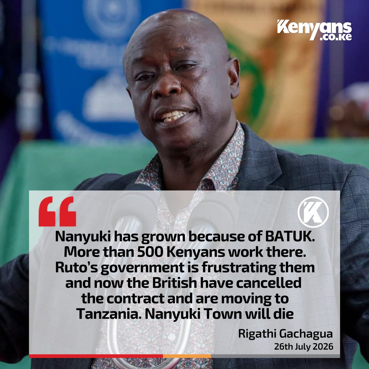 Kenyans's tweet photo. Nanyuki has grown because of BATUK. If they leave, Nanyuki Town will die - Gachagua https://t.co/6lTDqlALeC