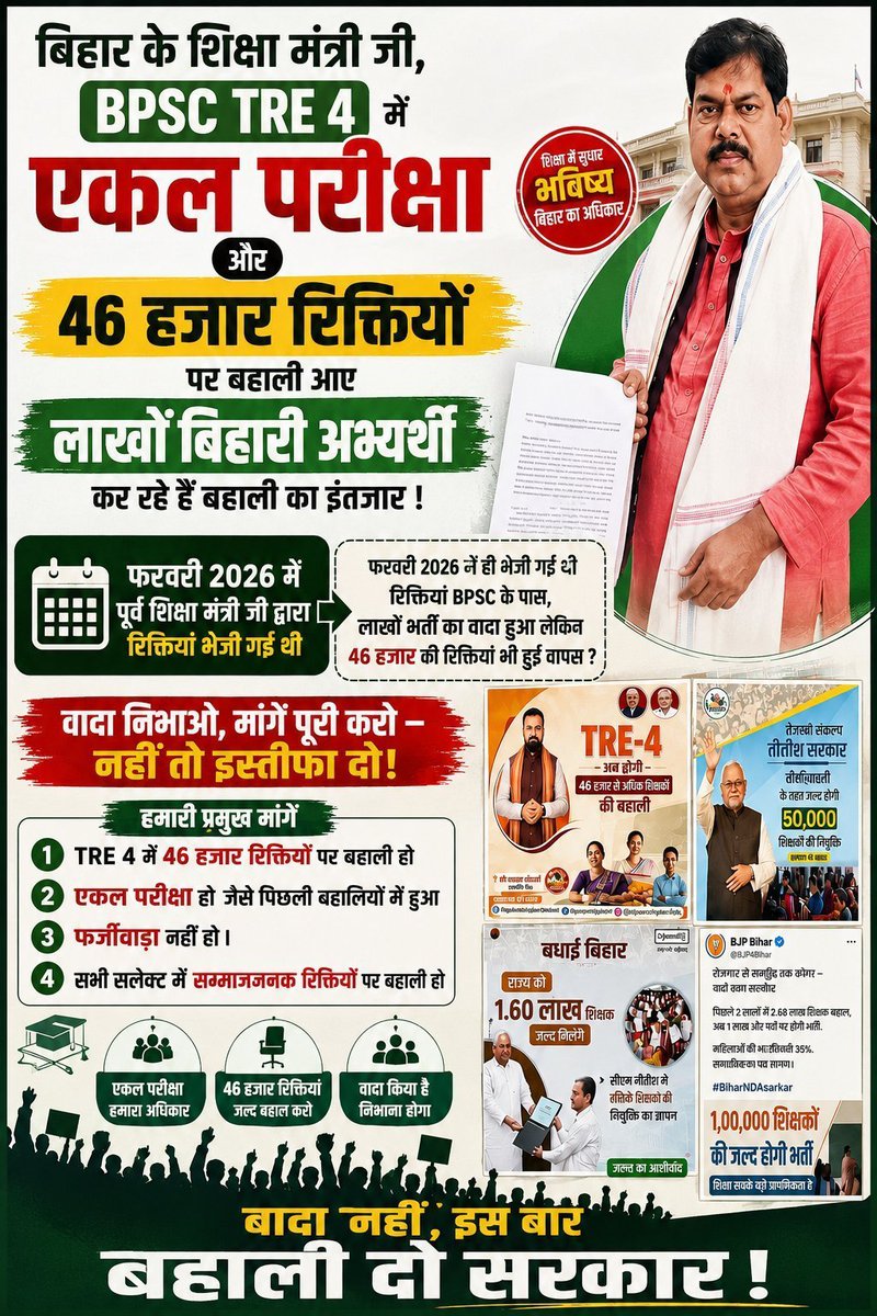 Shankar40983532's tweet photo. #BPSC #TRE4 अभ्यर्थियों की एक ही मांग!

✅ एक ही चरण में परीक्षा हो।
✅ जल्द से जल्द वैकेंसी जारी हो।
✅ भर्ती प्रक्रिया समयबद्ध और पारदर्शी हो।

अब और इंतज़ार नहीं, युवाओं को उनका अधिकार चाहिए नहीं तो इस्तीफा देना होगा।
@samrat4bjp @mkrtiwari_bjp https://t.co/nrK4HmLNpF