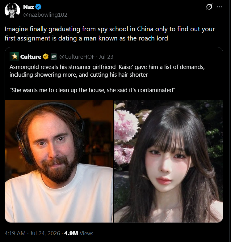 YourAnonNews's tweet photo. Imagine finally graduating from spy school in China only to find out your first assignment is dating a man known as the roach lord https://t.co/GwccxDcdV9