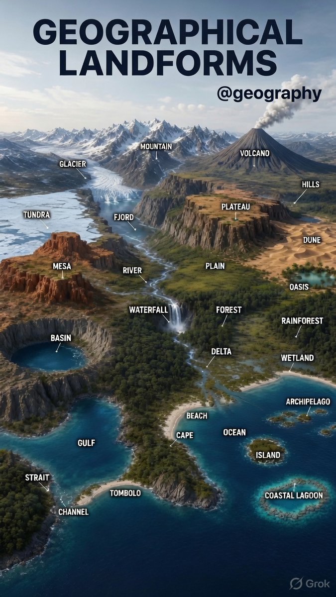 Geosophyy's tweet photo. A complete visual guide to Earth’s major landforms — mountains, glaciers, volcanoes, rivers, deltas, islands, and more. https://t.co/oGlIBS8tEU