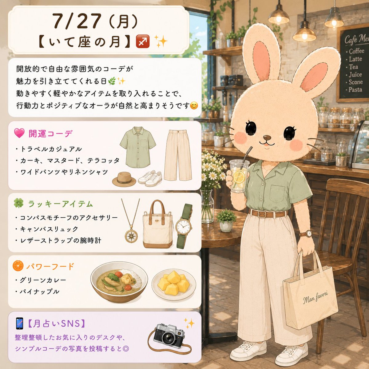 miteneko7's tweet photo. 7/27（月）【いて座の月】
開放的で自由な雰囲気のコーデが魅力を引き立ててくれる日🌿✨
動きやすく軽やかなアイテムを取り入れることで、行動力とポジティブなオーラが自然と高まりそうです😊

💕開運コーデ
・トラベルカジュアル
・カーキ、マスタード、テラコッタ
・ワイドパンツやリネンシャツ

🍀ラッキーアイテム
・コンパスモチーフのアクセサリー
・キャンバスリュック
・レザーストラップの腕時計

🥗パワーフード
・グリーンカレー
・パイナップル
・ジンジャーエール
【月占いSNS】
遠出した先の景色や、旅先っぽいコーデの写真を投稿すると◎

#サイデリアル星占い
#ほんとうの星空で星占い