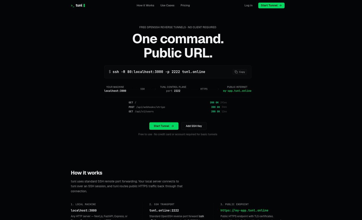 thakurdotdev's tweet photo. Built tunl in my spare time over the last week.

It lets you expose your localhost using standard SSH—no client installation, no custom CLI.

ssh -R 80:localhost:3000 https://t.co/hVDxyzXLxi -p 2222

Try it here: https://t.co/hgDuUONkkY https://t.co/gpbWvEIYhR