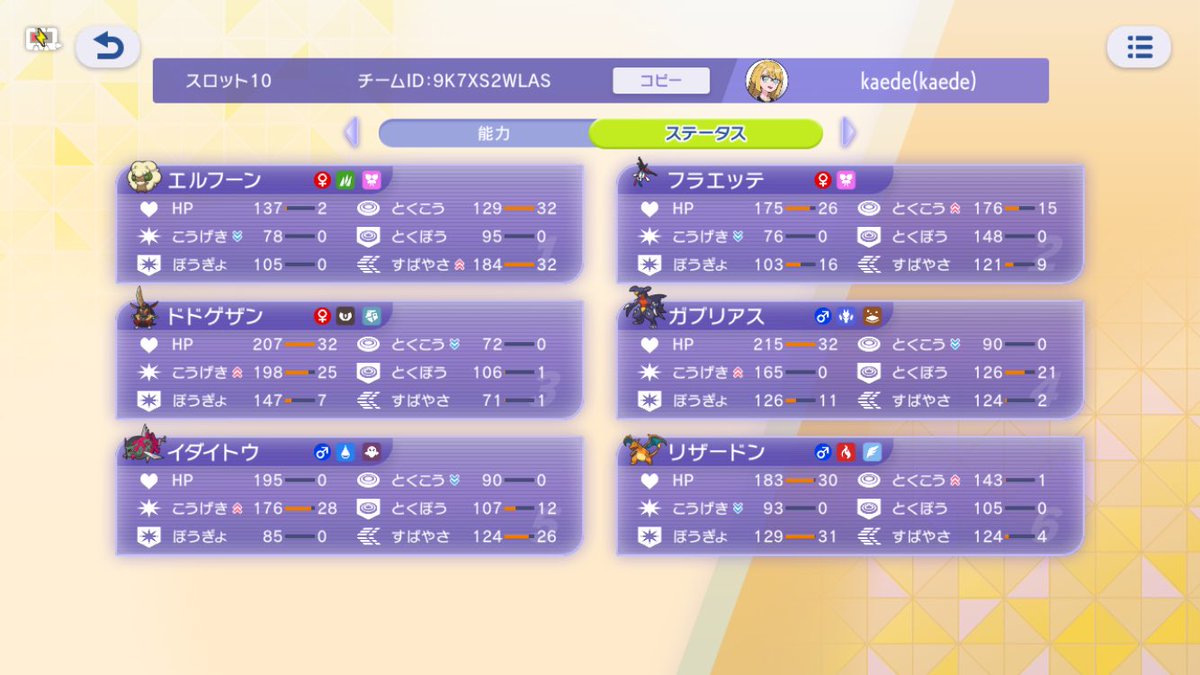 0101fe_'s tweet photo. ランクマで2400達成したBIG6です！
配分が厚め、中でもガブリアスが必ず攻撃を耐えて返すような役割で非常に活躍してくれました！
Sは最低限準速メガバンギラスを抜けるように124多め、味方の行動順はさほど気になりませんでした！
Sが遅い性質上少し上回ってる硬いポケモン苦手が苦手…

9K7XS2WLAS https://t.co/trdOyyHkar