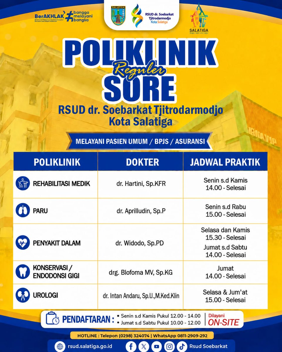rsudsoebarkat's tweet photo. Sobat RSDS, mendapatkan layanan kesehatan semakin mudah dengan hadirnya Poliklinik Reguler Sore di RSUD dr. Soebarkat Tjitrodarmodjo Kota Salatiga. Layanan ini melayani pasien Umum, BPJS, maupun Asuransi.

Info selengkapnya silahkan simak infografis berikut ini https://t.co/vujlNBNDKj