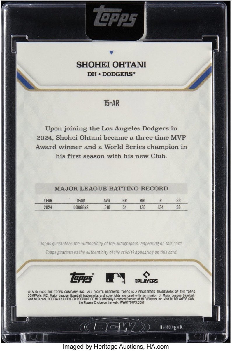 jwalterick's tweet photo. Back in March, Olivia (my daughter) and I pulled this in a break:

2025 Topps MVP Shohei Ohtani Patch Auto 1/1.

On display at @HeritageAuction during The National before its September auction.

The patch? The game-used “LA” from Ohtani’s right sleeve. 🤯 

#ohtani  #dodgers https://t.co/A1zs62lJk6