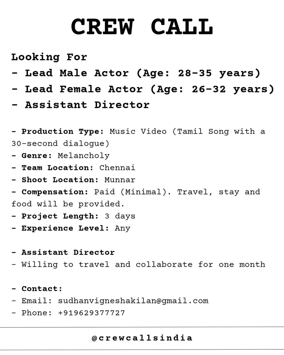 TrueFilmLovers's tweet photo. #Audition #CastingCall #CrewCall #Fauzi #Raaka #JanaNayagan #Ramayana #Varanasi #Odyssey #Toxic

Contact: sudhanvigneshakilan@gmail.com +919629377727

Note: We are not related to the original post in any capacity
Any wrong doing happens we r not responsible

IG @crewcallsindia https://t.co/E9xCgS3NkF
