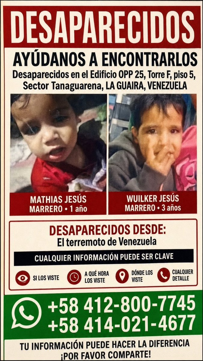 tiafatimasaleh's tweet photo. 🚨 DESAPARECIDOS 🚨
Los niños: 

👶 MATHIAS JESÚS MARRERO • 1 año 🧸

👦 WUILKER JESÚS MARRERO • 3 años 🧸

📍 Desaparecidos en el Edificio OPP 25, Torre F, piso 5, Sector Tanaguarena, LA GUAIRA, VENEZUELA 🇻🇪

📢 Cualquier información comunicarse a través de los siguientes números:
📱 +58 412-800-7745
📱 +58 414-021-4677

❤️ TU INFORMACIÓN PUEDE HACER LA DIFERENCIA. 📢

 ¡POR FAVOR COMPARTE! 🙏🇻🇪