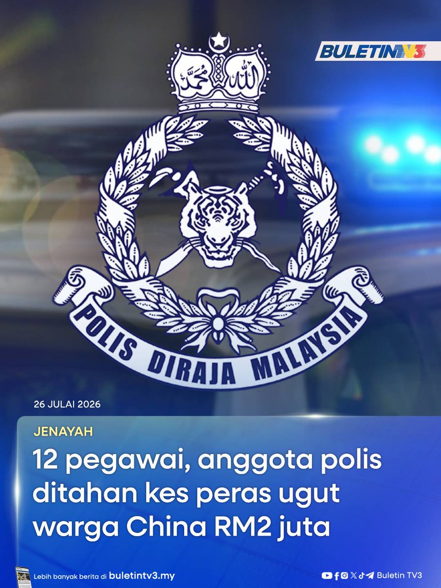 BuletinTV3's tweet photo. JENAYAH | Seramai 12 pegawai polis pelbagai pangkat ditahan selepas disyaki memeras ugut seorang lelaki warga China sebanyak RM2 juta.

Ketua Polis Daerah Dang Wangi, Asisten Komisioner Sazalee Adam ketika dihubungi Harian Metro mengesahkan penahanan itu, dengan tangkapan membabitkan pegawai berpangkat Deputi Superintendan (DSP), Asisten Superintendan (ASP) dan lain-lain pangkat.

#BuletinTV3 #BeritaTerkini #PerasUgut #WargaChina #PDRM