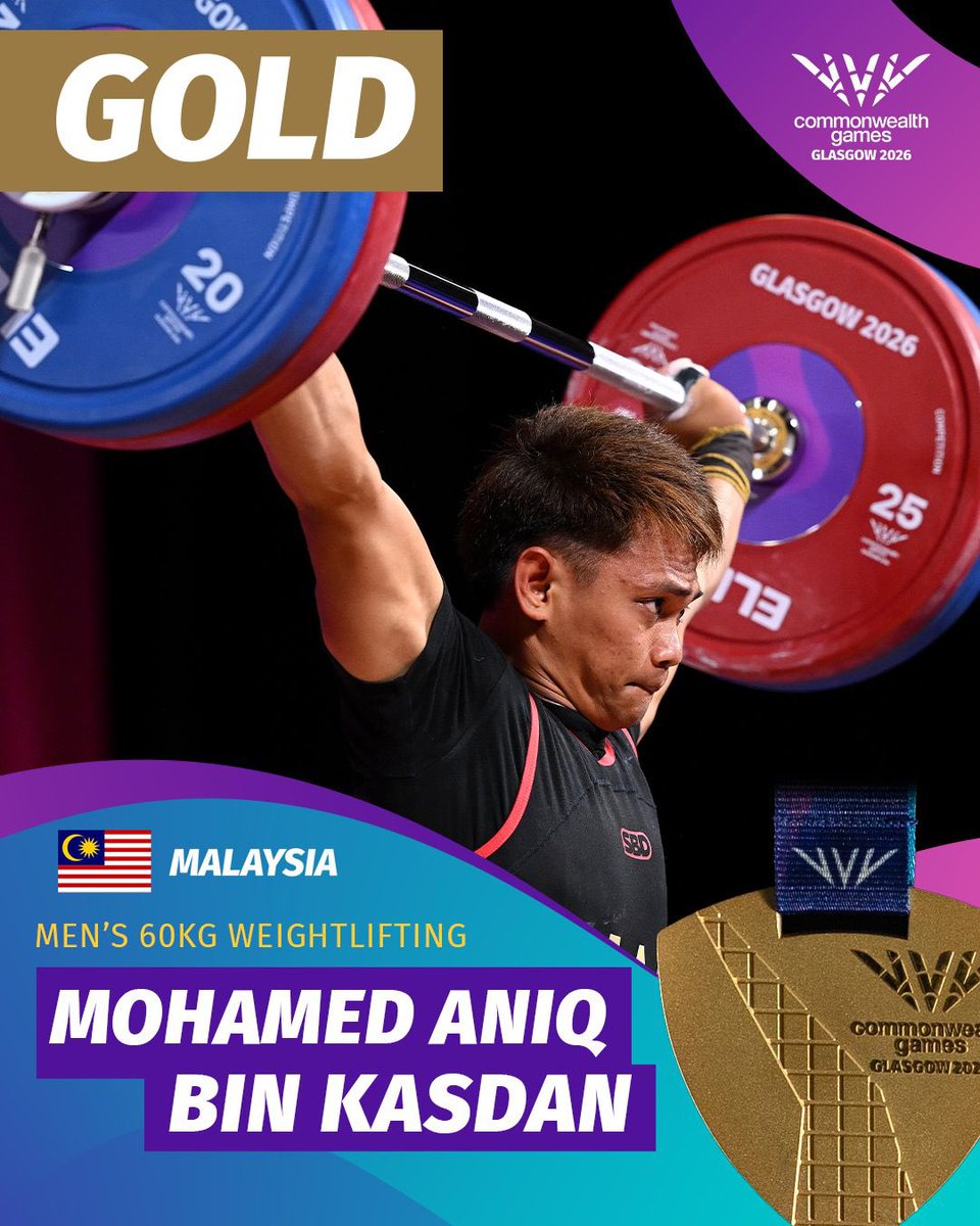 Glasgow_2026's tweet photo. GOLD for Malaysia! 🥇🇲🇾

Mohamed Aniq Bin Kasdan lifts the weight off Malaysia's shoulders, securing the nation's FIRST GOLD MEDAL of Glasgow 2026 in the Men's 60kg Weightlifting 💪 https://t.co/SsKE0Iug05