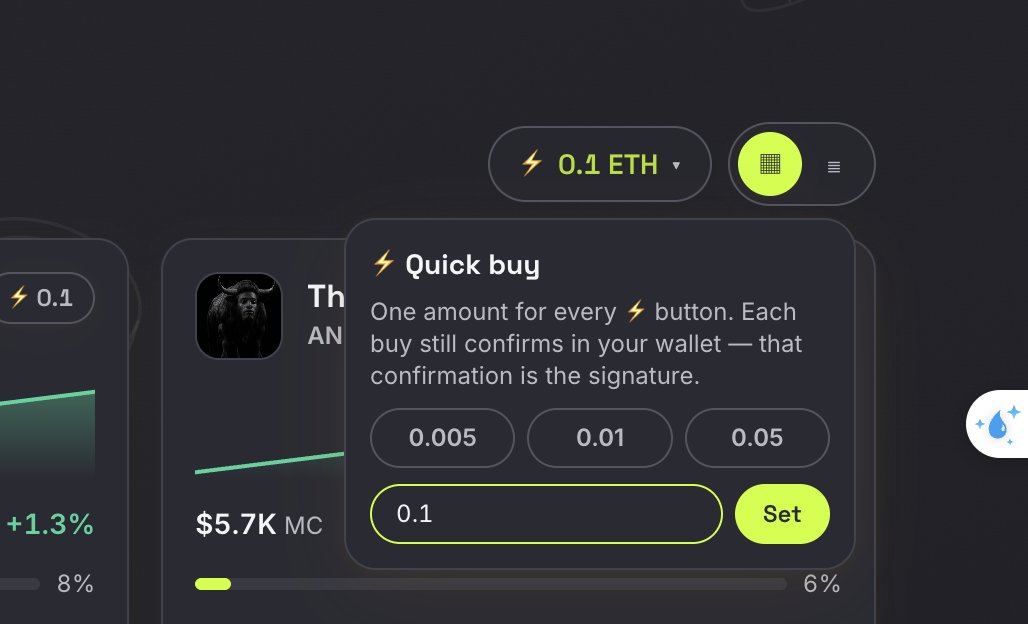 Arrowpadfun's tweet photo. Quick buy is live. ⚡
 
 Set your amount once. Then every ⚡ button on the site is a two-second buy.

Still signs in your wallet every time — no blank cheque, no infinite approval.

🏹 https://t.co/G5xhQc2HSE

#RobinhoodChain #Launchpad #DEX #Memecoin #Crypto https://t.co/iJJppzCExU