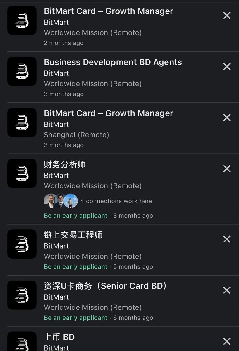 alpiremm's tweet photo. most crypto job postings are not even real at this point. same positions have been sitting open for 6 months. the listings are still up while the shut down is happening.

really sorry for everyone affected at Coinbase, BitMart, BitMEX, Dango… https://t.co/hONXlxYQhG