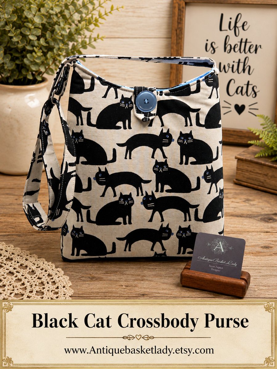 Antiquebasket's tweet photo. My handmade Black Cat Crossbody Purse features 3 slip pockets, a small zip pocket &amp; an adjustable strap for crossbody or shoulder wear. Cute, practical &amp; perfect for everyday! 🐾💙

#CatLover #BlackCat #HandmadePurse #CrossbodyBag
https://t.co/emLbMCbyP7 https://t.co/uPSZ2Ko0FV