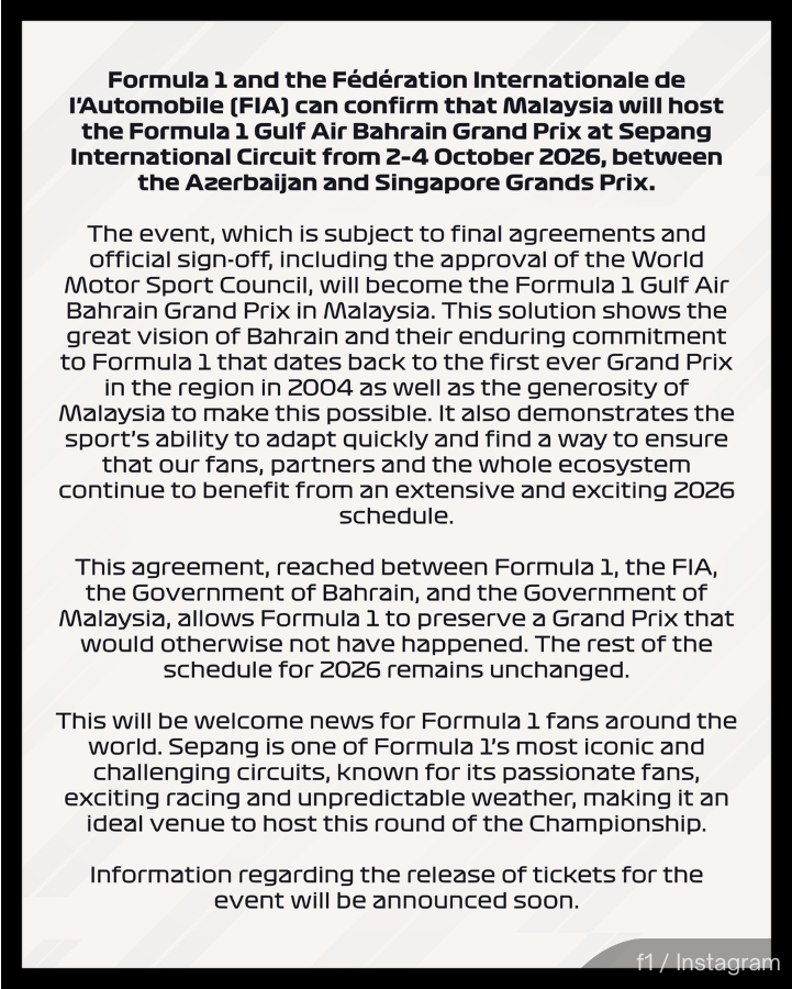 NewsBFM's tweet photo. 🔥BREAKING: Formula 1 is officially returning to the Sepang International Circuit from Oct 2 to 4, 2026, with Malaysia set to host the Bahrain Grand Prix.

The race will be named the Formula 1 Gulf Air Bahrain Grand Prix in Malaysia, with the Kingdom expected to cover most of the rescheduling costs.

🧵1