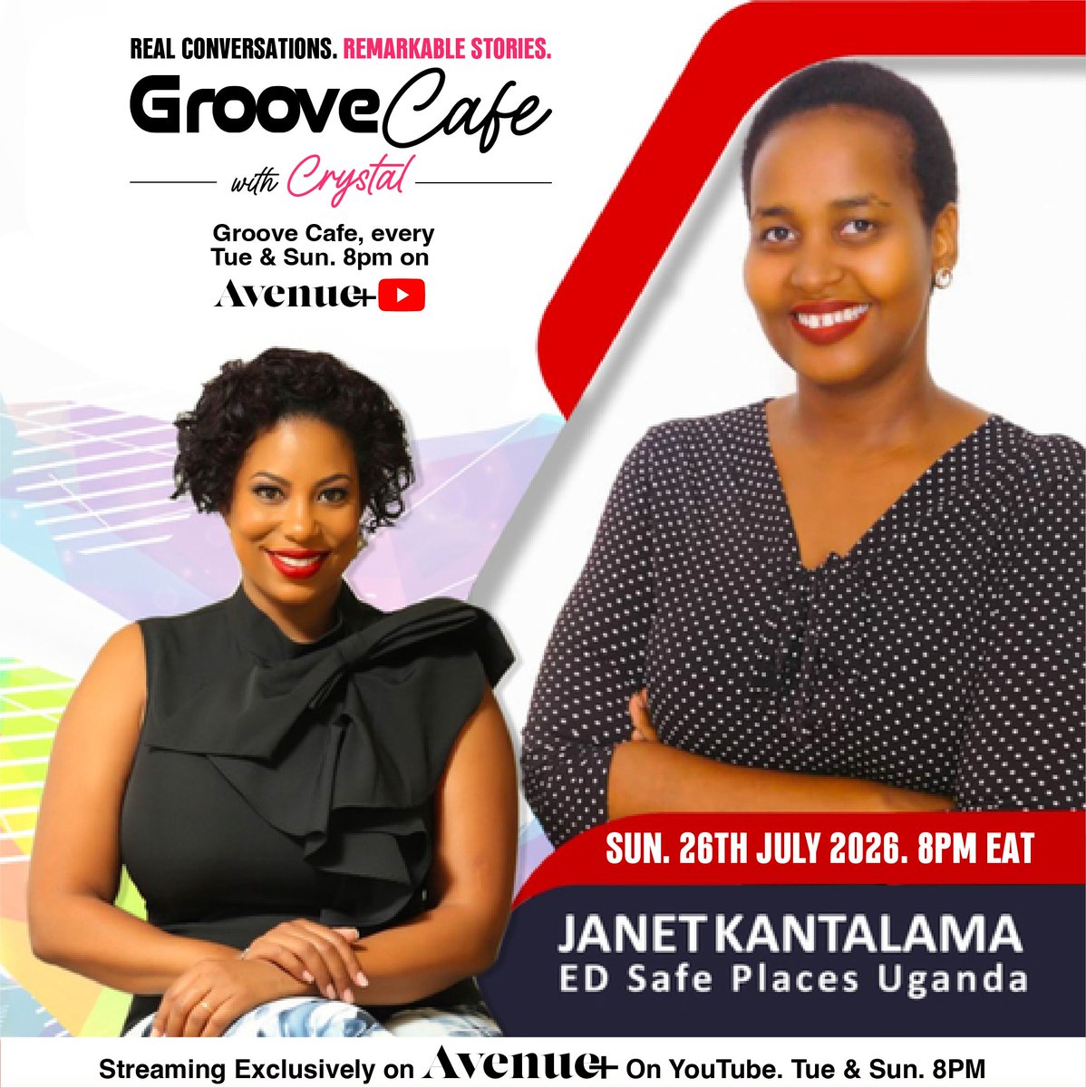 AvenuePlus_'s tweet photo. Your mental health matters.

Join Crystal Newman and Janet Kantalama, CEO of Safe Places Uganda, for an honest conversation about mental health, mental wellbeing and living a healthier life.

Streaming tonight on: https://t.co/Czk76xmKDK
#GrooveCafe #AvenuePlus https://t.co/V2r2AYqqX7