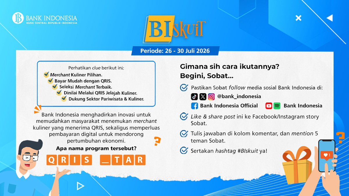 bank_indonesia's tweet photo. 🍜 Cari tempat makan enak, tapi bingung pilih yang mana?

Bank Indonesia #BeriMakna menghadirkan inovasi untuk mendorong pertumbuhan ekonomi melalui perluasan pembayaran digital. Kabar baiknya, inovasi ini juga memudahkan #SobatRupiah menemukan rekomendasi merchant kuliner pilihan yang sudah menerima pembayaran dengan QRIS. Tapi, nggak semua tempat makan bisa mendapatkannya, lho! 🤔

Kira-kira, apa nama program tersebut?

👇 Tulis jawabannya di kolom komentar!

#diSetiapMaknaIndonesia
