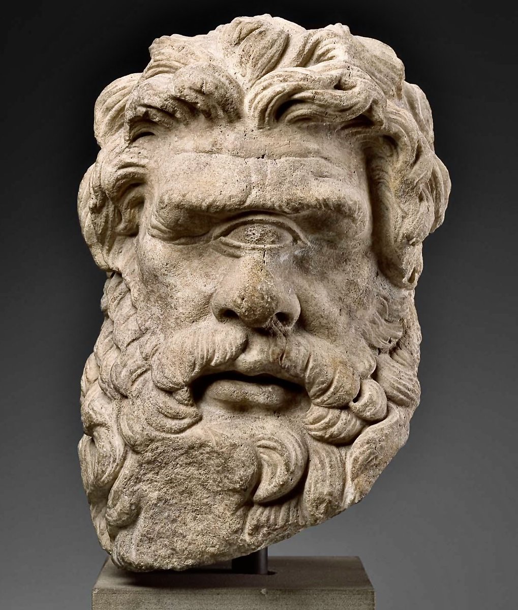 OptimoPrincipi's tweet photo. Ancient marble head of Polyphemus, the man-eating Cyclops who is tricked and blinded by Odysseus in Book 9 of Homer’s Odyssey. X-Ray diffraction analysis has shown that the dolomitic marble is from the Cape Vathy quarry on the Greek island of Thasos. Boston MFA