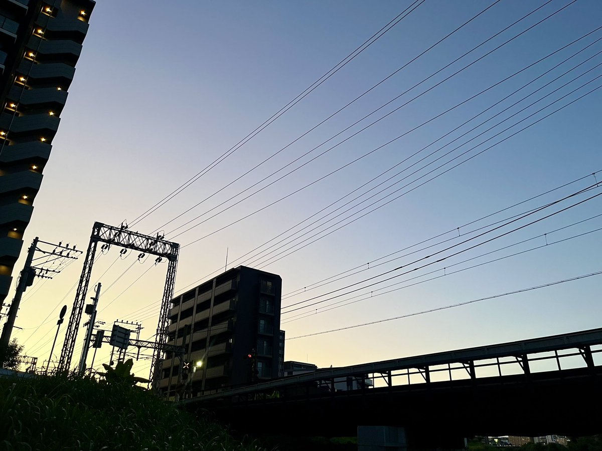 Bacchus__JP's tweet photo. 競馬して、鰻食って、読書して、昼寝して、ランニングして、これから絶

夕暮れの���ラデーション×電柱、電線、鉄橋の美徳てジャポニズムだよね？ https://t.co/SXJmRggVPn