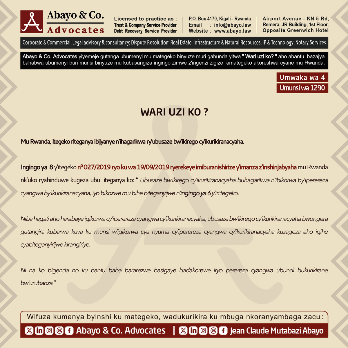 Abayo_Advocates's tweet photo. ◉ Wari uzi ibijyanye n’ihagarikwa ry’ubusaze bw’ikirego cy’ikurikiranacyaha?
Dore uko itegeko ribiteganya ⤵️
#SomaUmenyeAmategeko #ReadtoKnowtheLaws #TumenyeAmategekoAtugenga #bestlawfirminrwanda #bestlawyersinrwanda #Lawyersnearme #law #Rwanda #Rwandan #Rwandans #kigali #RwOT
@AbayoClaude
