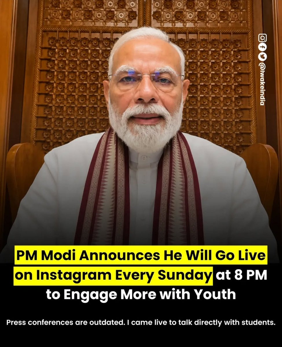 bharatvarsha03's tweet photo. PM modi to go live on Instagram every Sunday at 8 PM to engage with youth. https://t.co/UY3xBkQ9om