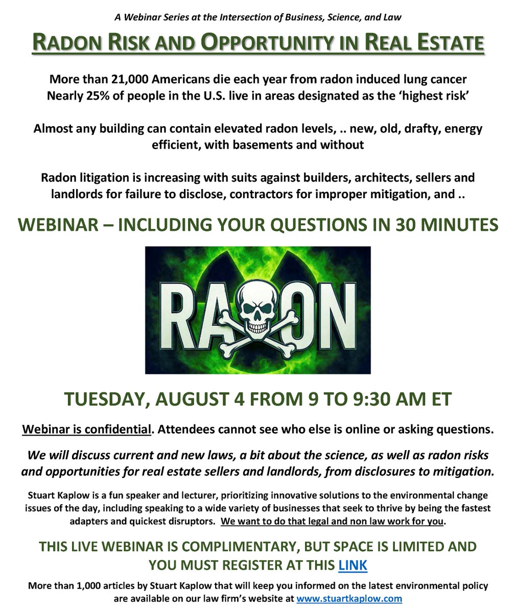 esglawyers's tweet photo. Join @StuartKaplow for the next in our webinar series at the Intersection of Business, Science, and Law, “Radon Risk and Opportunity in Real Estate” on Tues, August 4 at 9 am. The webinar is complimentary, but you must register https://t.co/Vv9WdH8Ijp https://t.co/RTOtfXaZGM