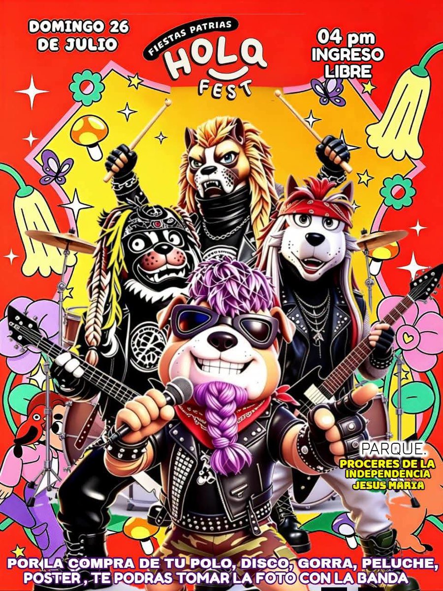 perrockers's tweet photo. DOMINGO 26 DE JULIO. 04 PM. PARQUE PROCERES DE LA INDEPENDENCIA - JESUS MARIA. POR LA COMPRA DE TU POLO, DISCO, GORRA, PELUCHE, POSTER ,TE PODRAS TOMAR LA FOTO CON LA BANDA @perrockers https://t.co/SOfenX5pIP