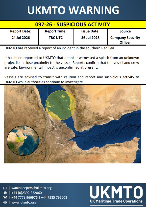 MenchOsint's tweet photo. UKMTO report that a tanker witnessed a splash from a projectile in close proximity of the vessel, on July 24, the same day Saudi tanker NCC MASA was struck. https://t.co/Ev27Z7e6k5