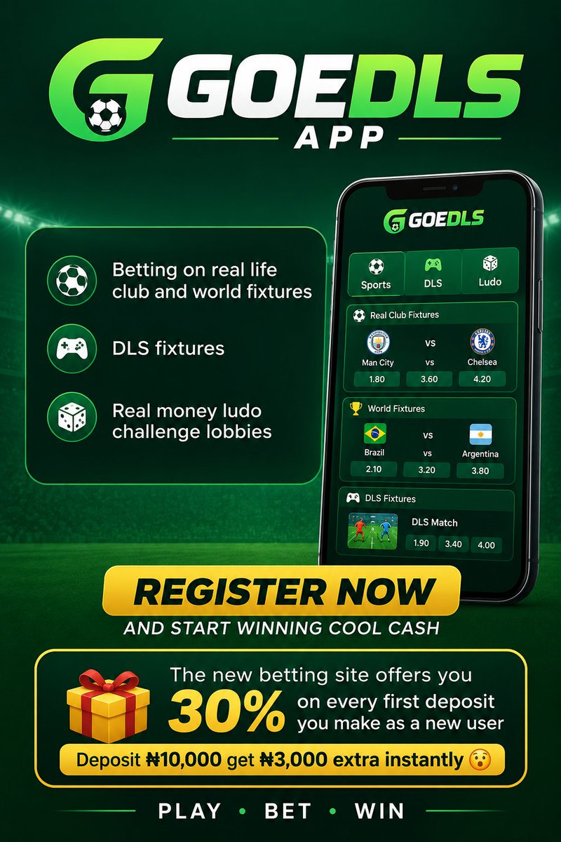 OAINOFEKITI's tweet photo. @Odds_nemesis 🚀 The new way to win is here!
Bet on real football, DLS fixtures &amp; Real Money Ludo. 🎮⚽
🎁 Get 30% EXTRA on your first deposit!
Deposit ₦10,000 and receive *₦3,000 FREE instantly. 🫢
Join GOEDLS today and start winning! 💰
Register here👇 https://t.co/0NeTKSGR8d #teenager https://t.co/OBCP8xiOU5
