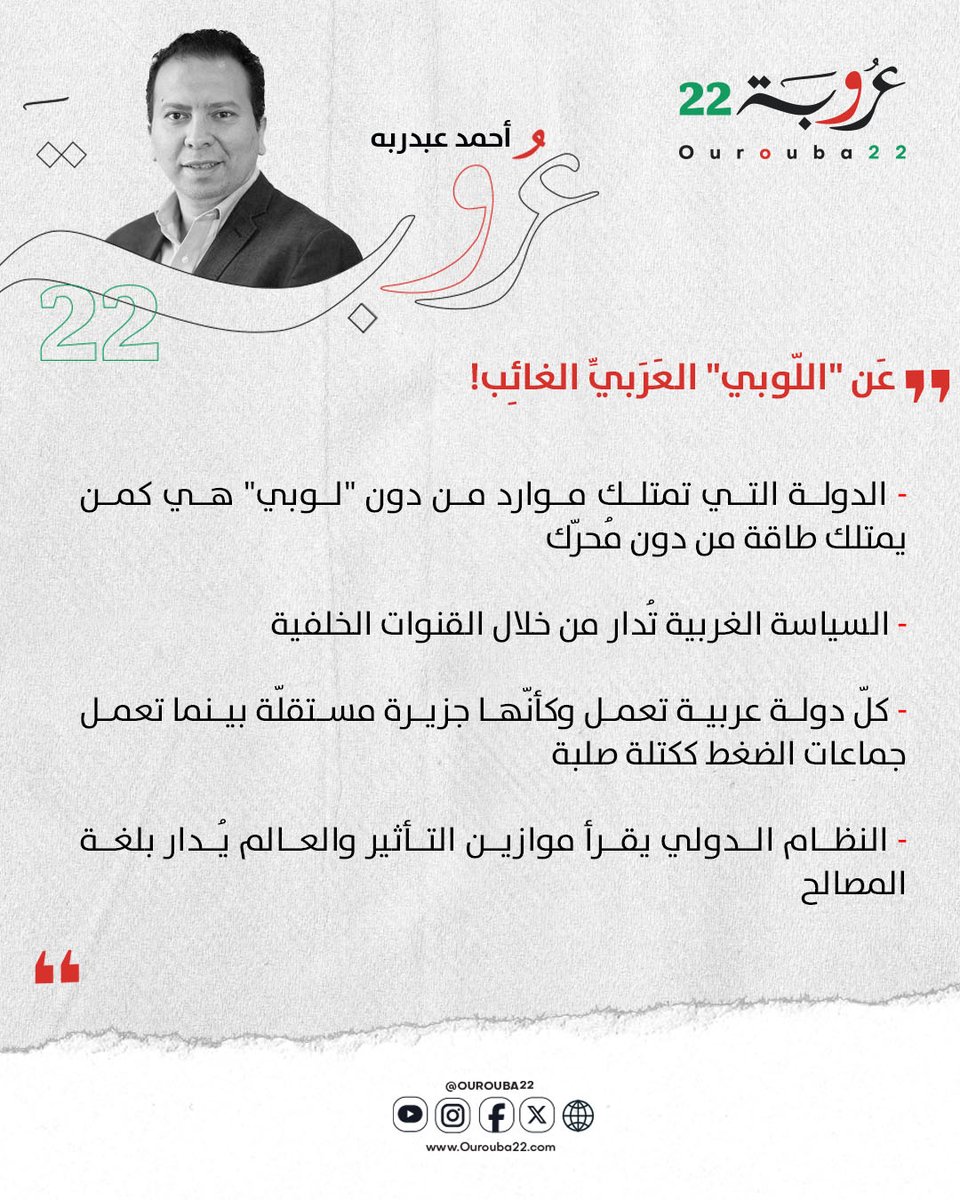 ourouba22's tweet photo. كتب #أحمد_عبدربه في #عروبة22 | عَن "اللّوبي" العَرَبيِّ الغائِب!

التفاصيل 👇
https://t.co/6NWc8h7sAD

 #منصة_لكل_العرب #اللوبي_العربي #الأمن_القومي_العربي #المشروع_العربي #المصالح_العربية https://t.co/J0OvAEByAB