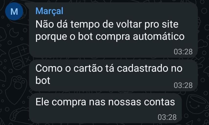 avisodegolpe's tweet photo. o cambista favorito de alguns aqui explicando no grupo dele que volta ingresso todo dia na TM, mas o bot dele e de outro cambista compram na hora hahah https://t.co/mLLVYQ3Myp