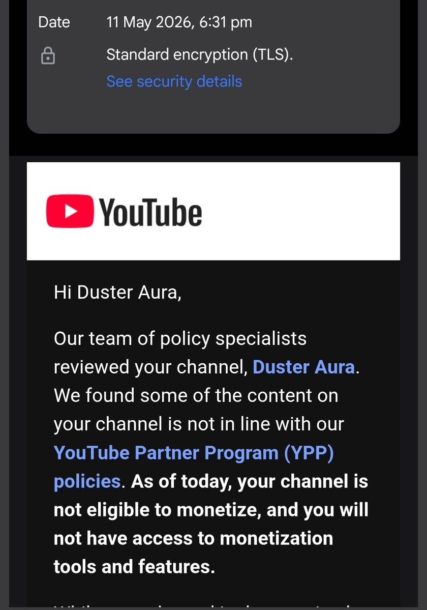DusterAura's tweet photo. @TeamYoutube you are happy But I m very Sad because my channel was demonetized and its appeal was rejected but I believe it was an mistake 

And I got many Automated reply from automated system. And i m not connected any via mail or thread

I Kindly Request To manually Review 🙏 https://t.co/utIyAzPslO