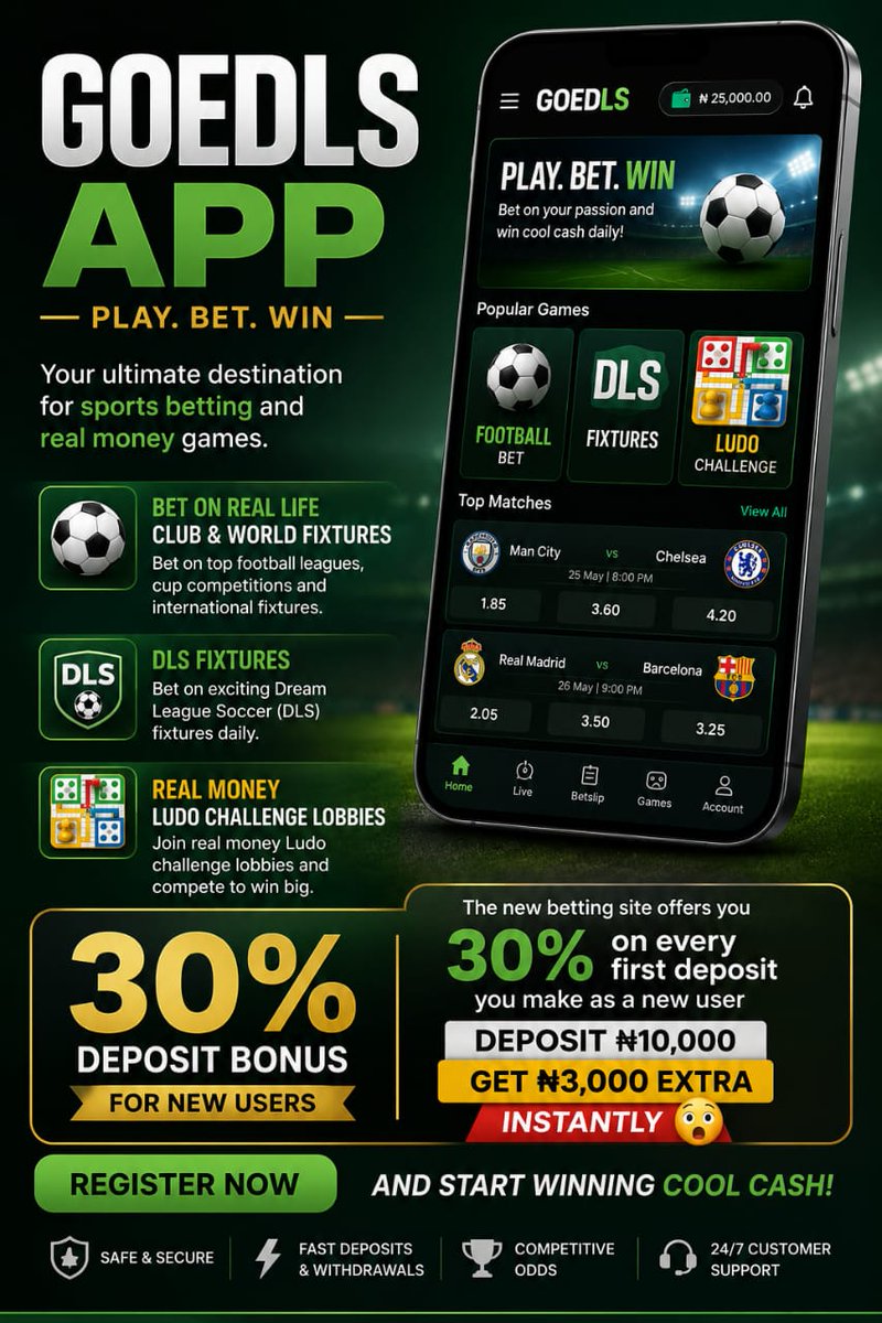 OAINOFEKITI's tweet photo. @odinaka_99 🚀 The new way to win is here!
Bet on real football, DLS fixtures &amp; Real Money Ludo. 🎮⚽
🎁 Get 30% EXTRA on your first deposit!
Deposit ₦10,000 and receive *₦3,000 FREE instantly. 🫢
Join GOEDLS today and start winning! 💰
Register here👇 https://t.co/0NeTKSGR8d #teenager https://t.co/YfLwnHwu2i