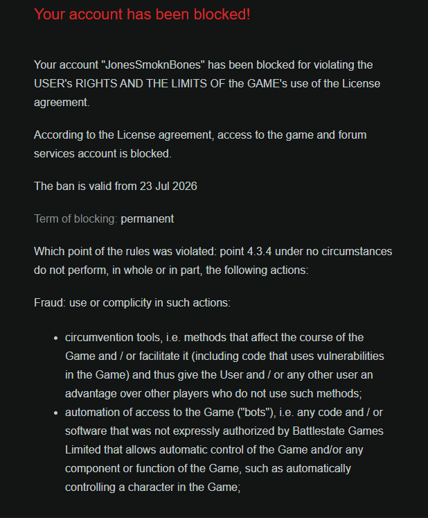JoneSmokinBones's tweet photo. @nikgeneburn @bstategames After almost 7k hours, EOD, unheard and many memories I am faced with a false ban. I don’t cheat, no one I play with cheats and I don’t use any macros or vpn. Please review my ban! I do not cheat. https://t.co/zBa8nQk4Or
